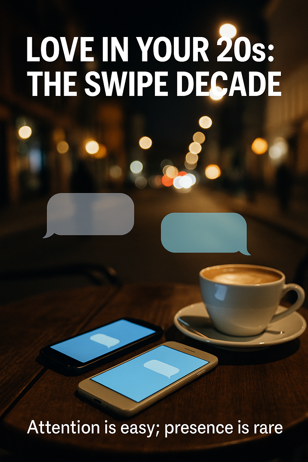 Two smartphones glowing on a café table with a cappuccino.