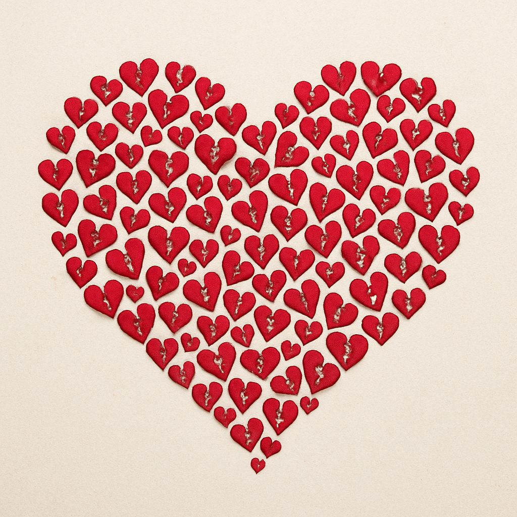 Illustration of a broken heart in red and pink tones