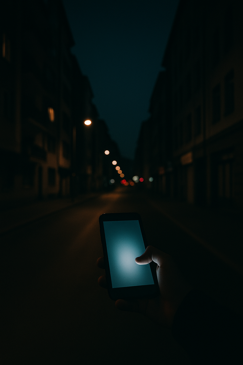 Moody urban night scene with a glowing phone symbolizing ghosting